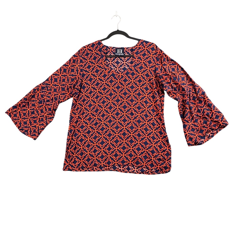 Escapada Y2K Boho Tunic Top Navy Orange Geometric Bell Sleeve Indie